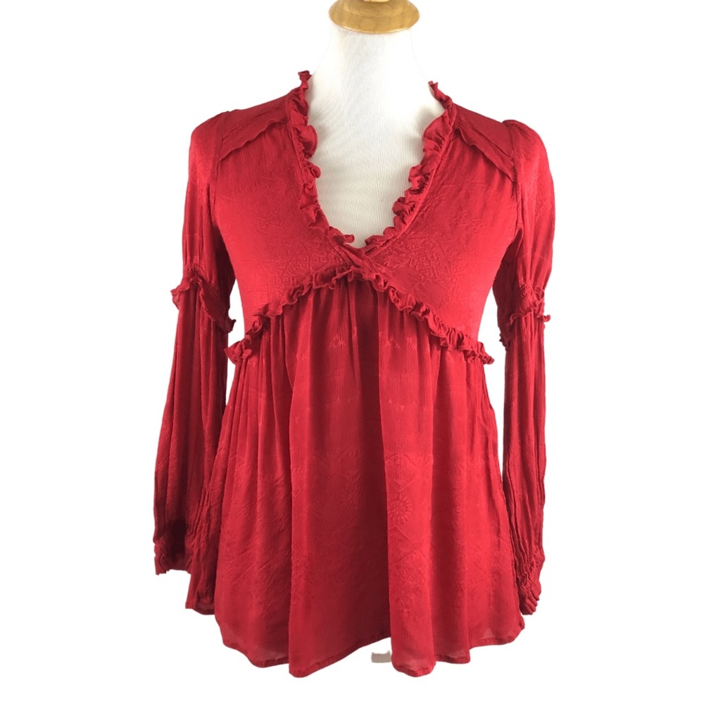Free People Red Flowy Ruffle V-neck Blouse Size XSmall